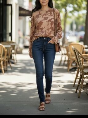 Jade Johnny Was Brown Burnout Velvet Floral Blouse Nude Sheer Bell Sleeve S